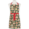 Christmas-themed apron with gingerbread house pattern on a mannequin against a white background.