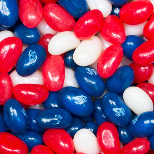 Assorted red, white, and blue jelly beans.