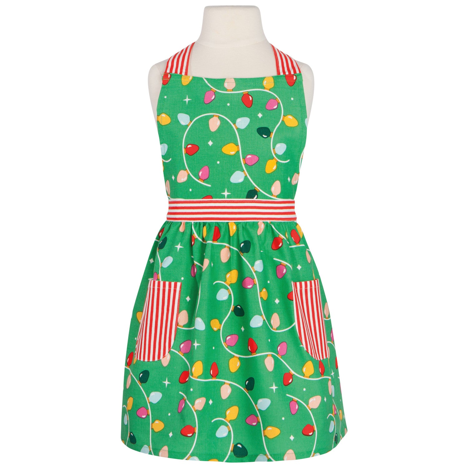 Green apron with colorful Christmas light pattern on a mannequin against a white background