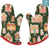 Oven mitts with gingerbread house pattern on a green background