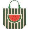 Green and white striped tote bag with a watermelon design on a white background