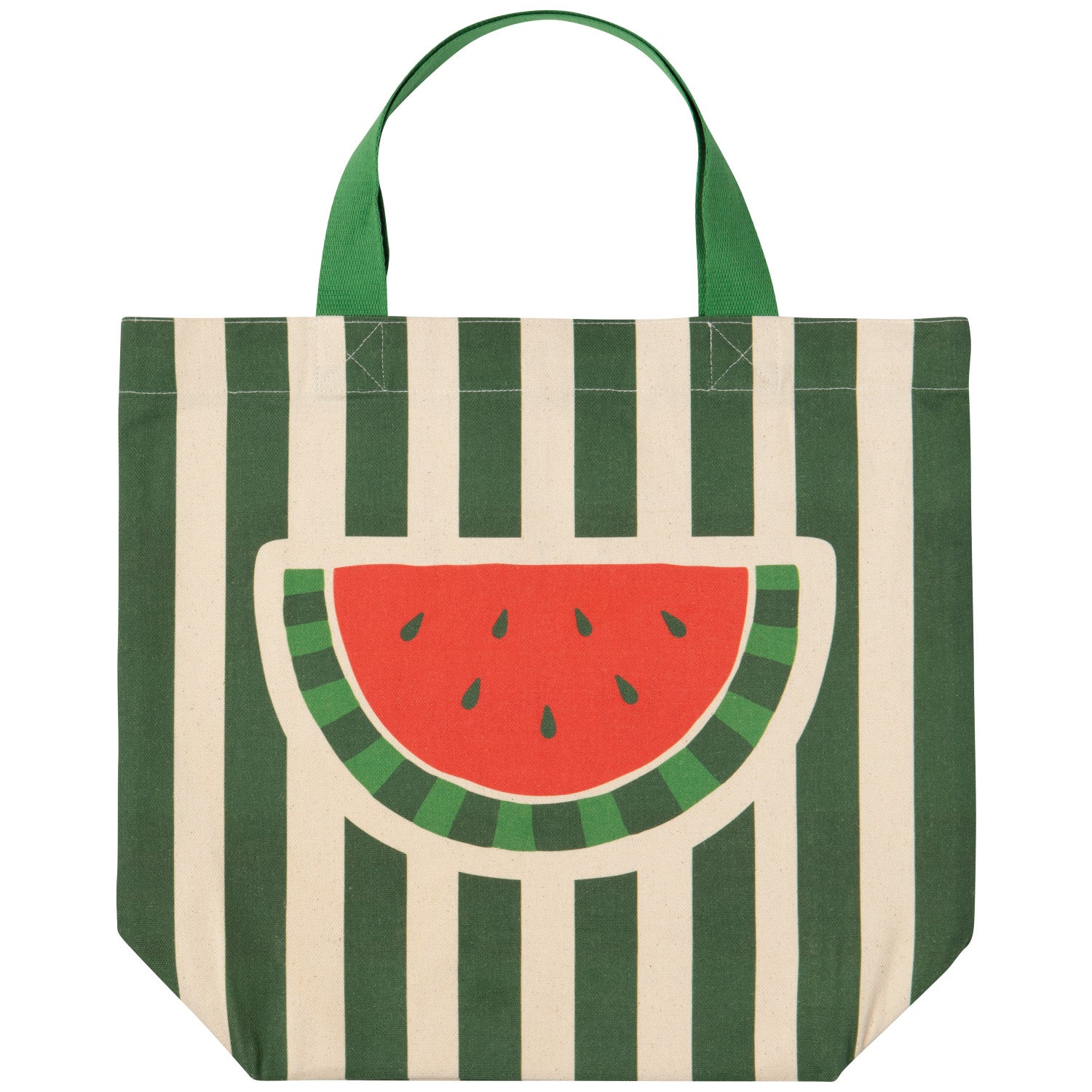 Green and white striped tote bag with a watermelon design on a white background