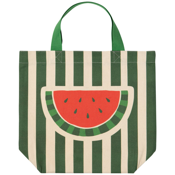 Green and white striped tote bag with a watermelon design on a white background