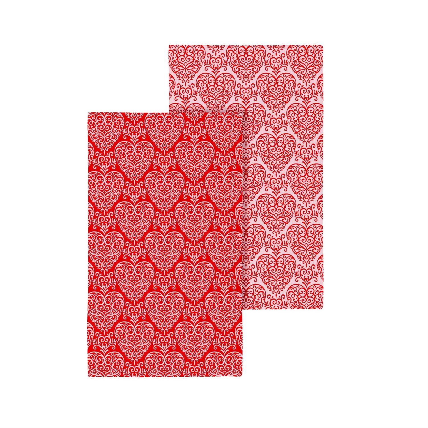 Two red and white print kitchen towels on a white background.