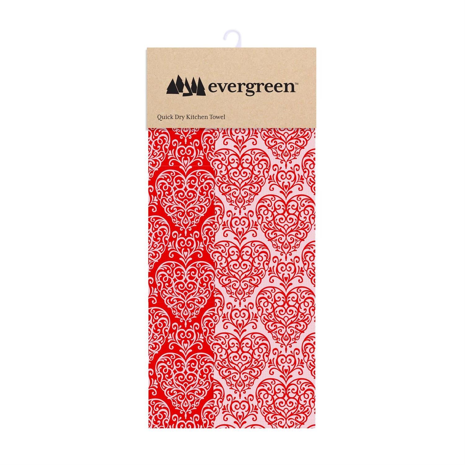 Red and white print kitchen towels with cardboard hanger on a white background.