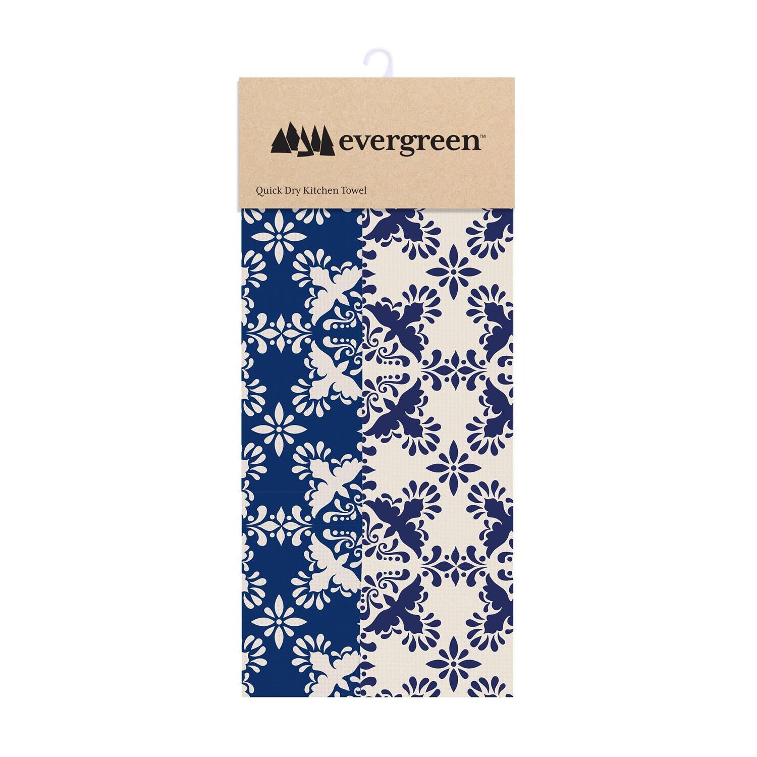A revisable decorative blue kitchen towel hanging on a cardboard hanger showing both sides, on a white background.