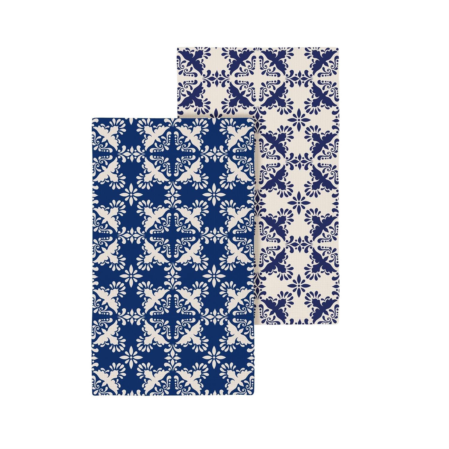 Two blue decorative kitchen towels on a white background