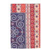 A rectangle shaped kitchen towel with red, white and blue patriotic design on white background.