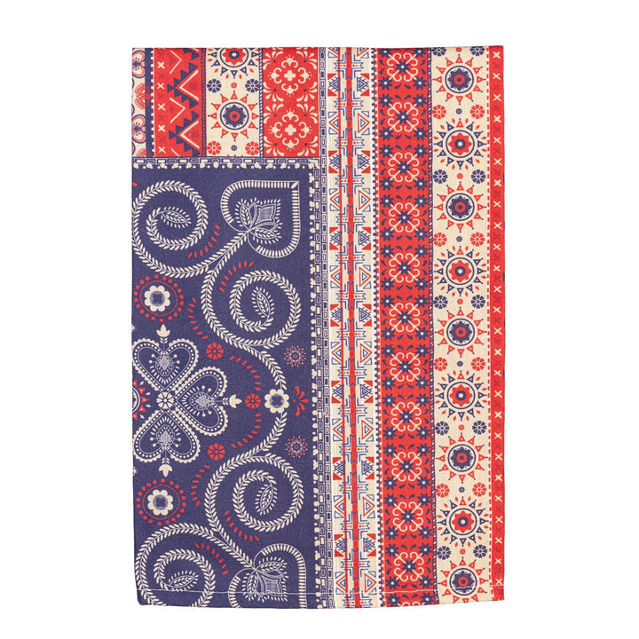 A rectangle shaped kitchen towel with red, white and blue patriotic design on white background.