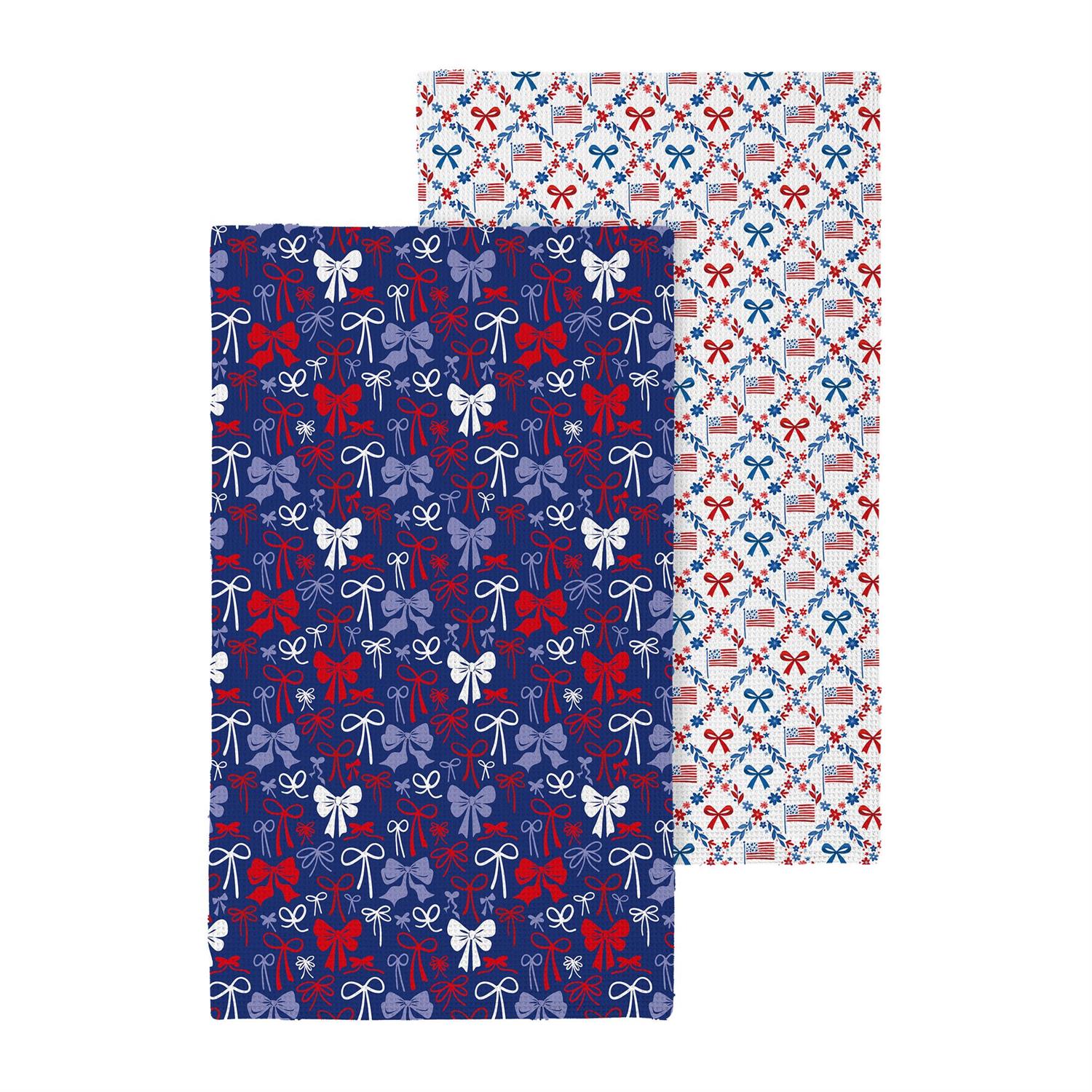 Two kitchen towels with red, white and blue flag and bow patriotic designs on a white background.