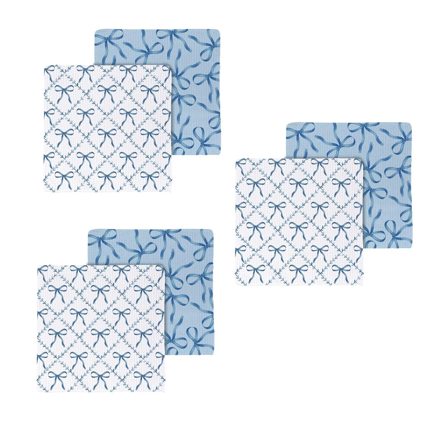 Set of blue and white patterned dish cloth squares on a white background