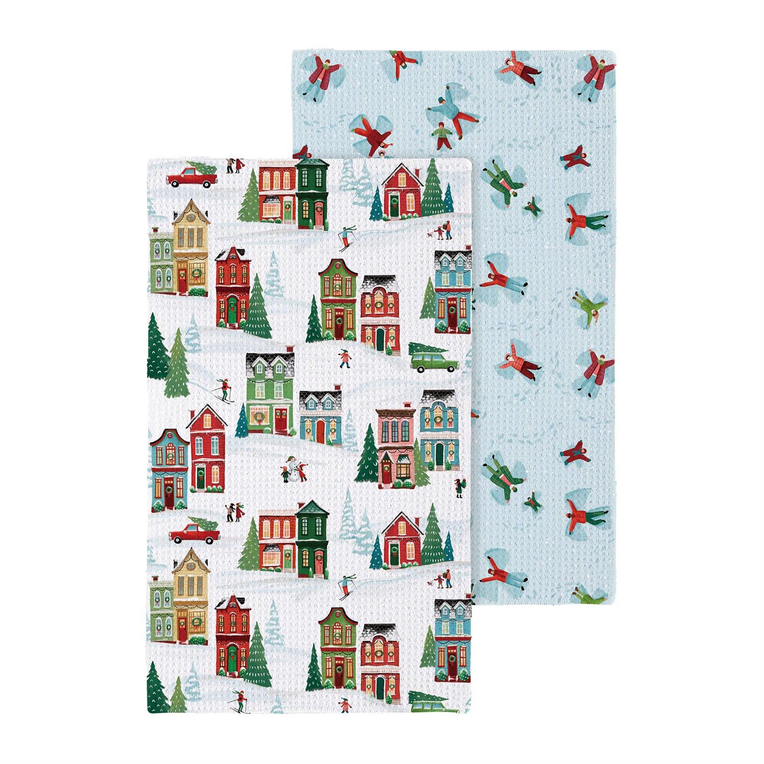 Two Christmas-themed towels on a white background