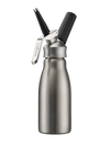 Metal whipped cream dispenser with black nozzles on a white background