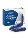 Kaiser Cream Chargers packaging with two blue bottles on a white background