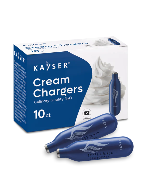 Kaiser Cream Chargers packaging with two blue bottles on a white background