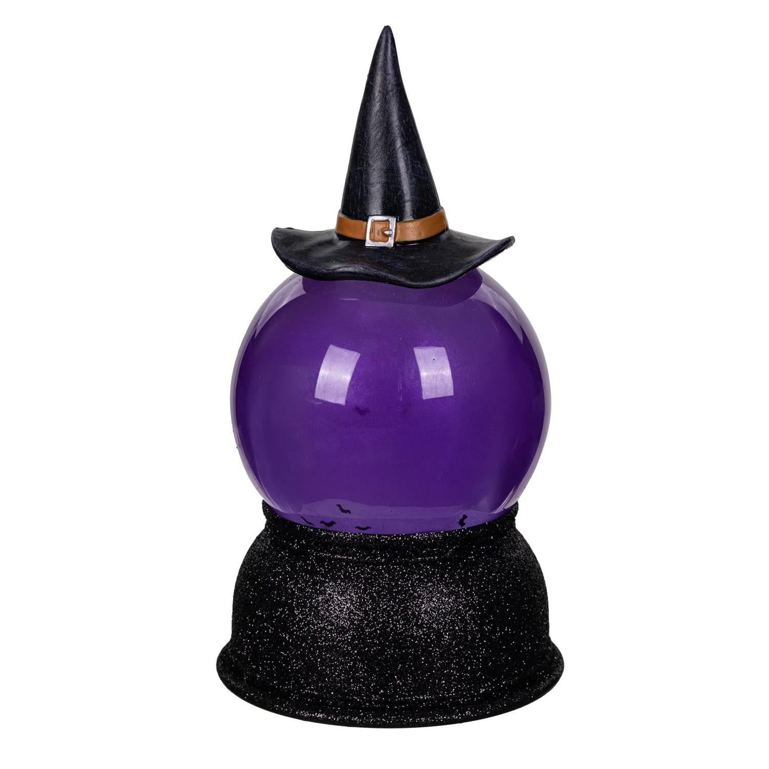 Purple lantern snow globe with a black witch hat on a white background