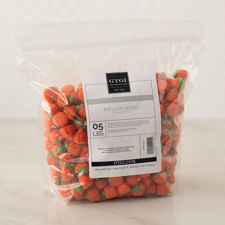 5 pound of mellocreme pumpkin candies on a white background.
