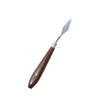 Icing spatula with brown handle and stainless steel blade on a white background