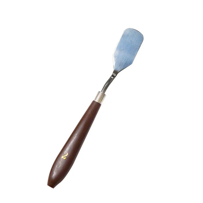 Spatula with metal blade and wooden handle on a white background