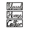 Decorative metal signs with 'Blessed', 'Home', and 'Gather' text on a white background
