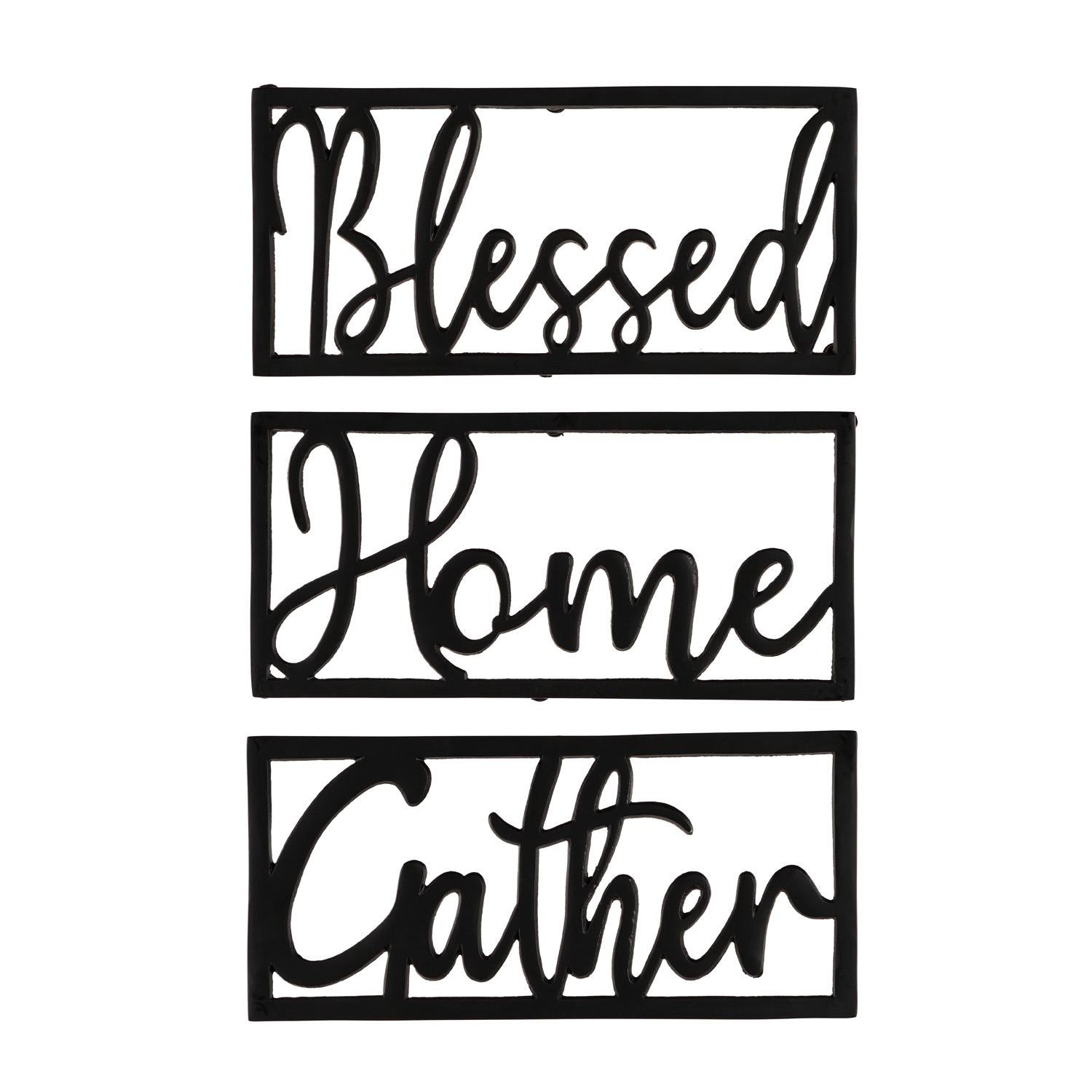 Decorative metal signs with 'Blessed', 'Home', and 'Gather' text on a white background