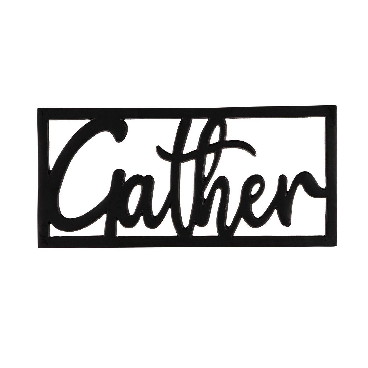 Decorative metal sign with 'Gather' text on a white background