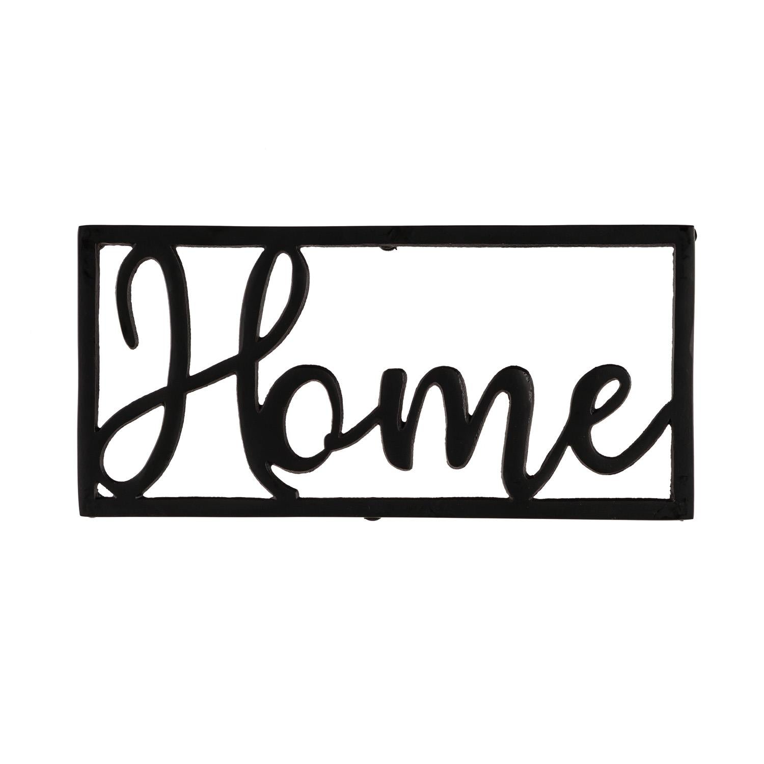Decorative metal sign with 'Home' text on a white background