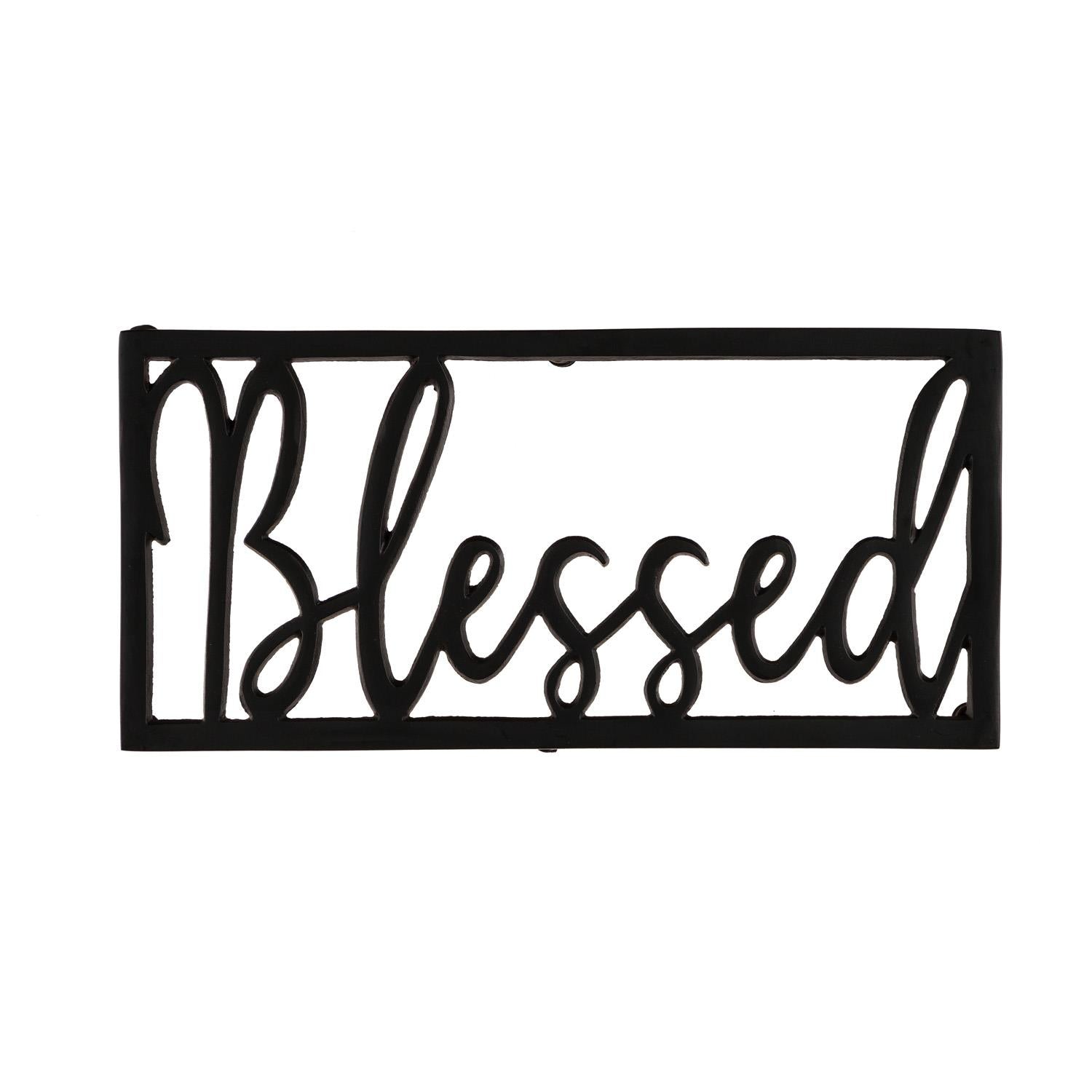 Black metal decorative sign with 'Blessed' text on a white background