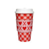 Red and white checkered cup with heart and cross pattern on a white background