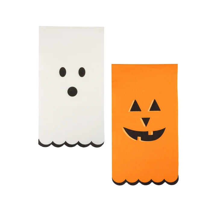 Two Halloween-themed paper napkins, one ghost and one jack-o'-lantern, on a white background.