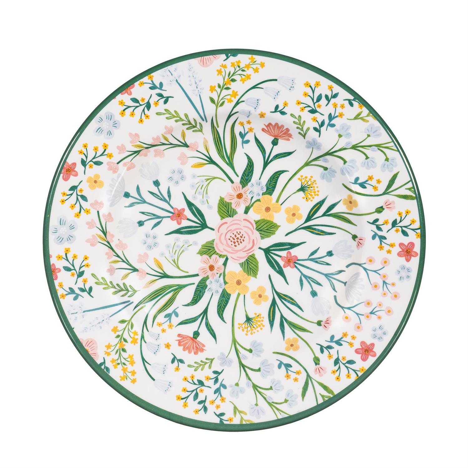 A dinner plate with floral design on a white background.