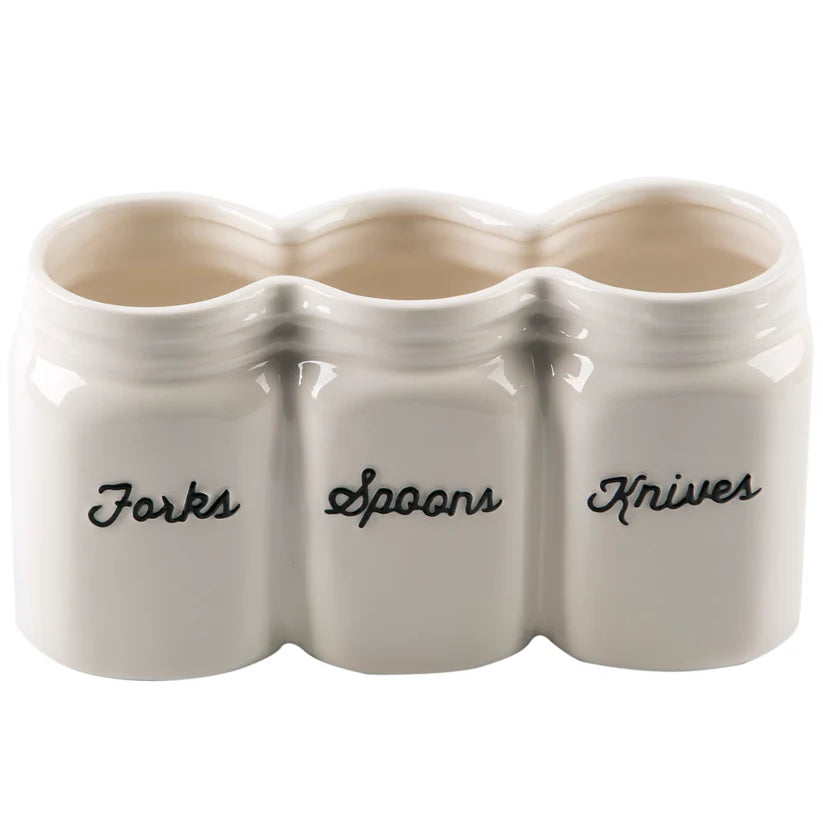 White ceramic cutlery holder with 'Forks', 'Spoons', and 'Knives' labels on a white background