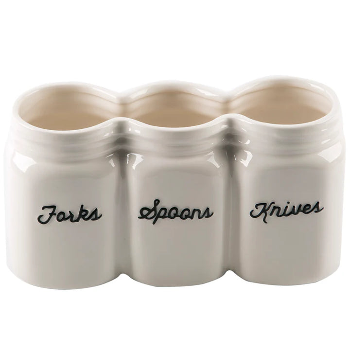 White ceramic cutlery holder with 'Forks', 'Spoons', and 'Knives' labels on a white background