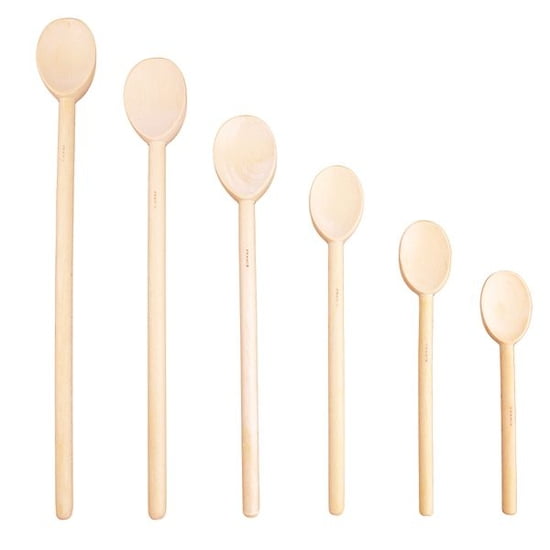 Set of six wooden spoons on a white background