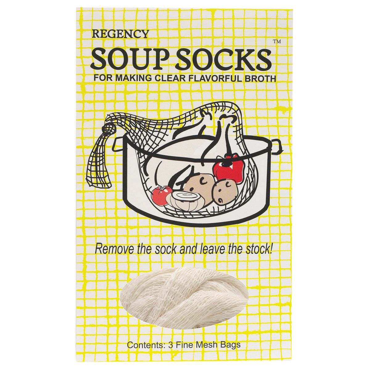 Regency Soup Socks packaging with text and illustration on a yellow background