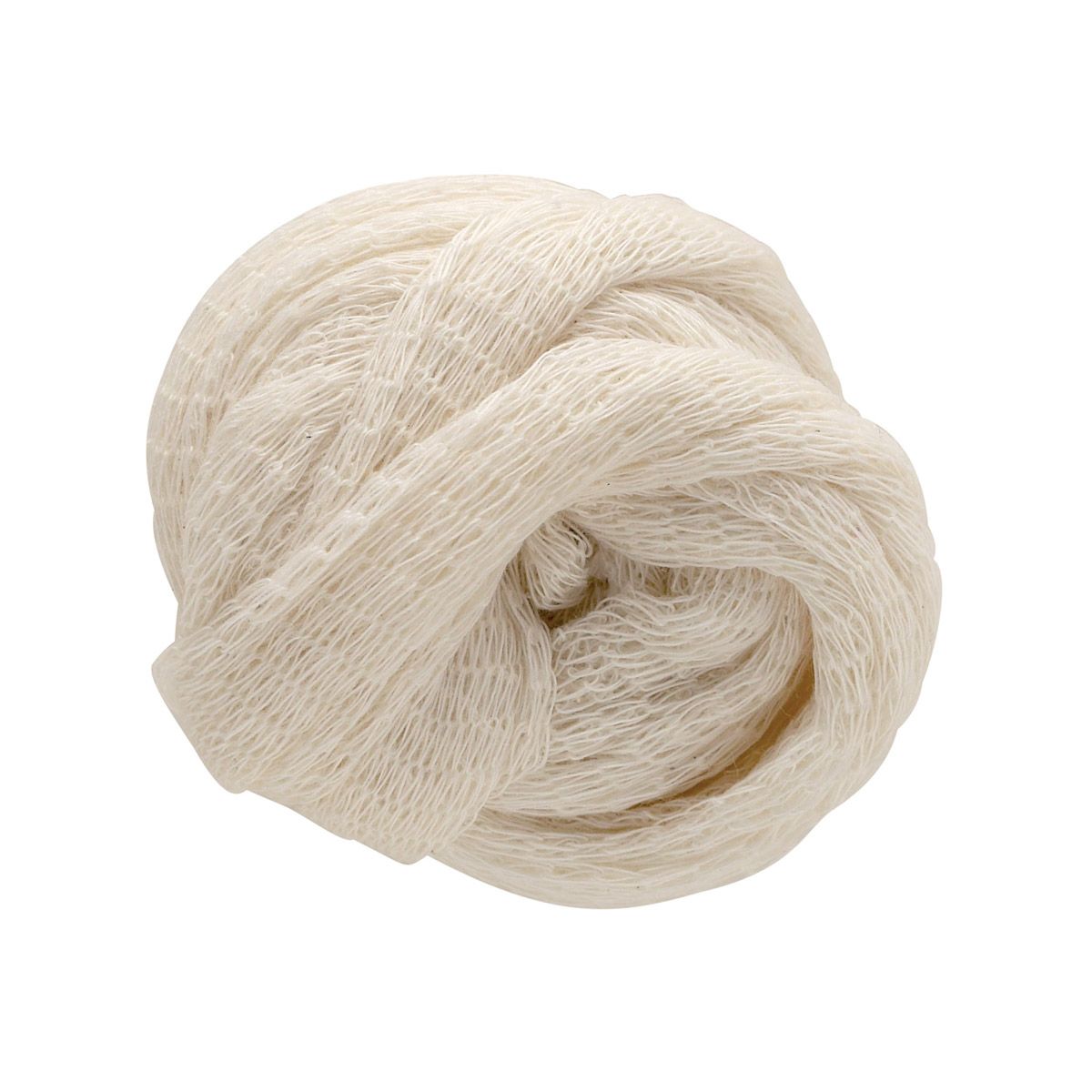 Balled up cream-colored soup sock on a white background