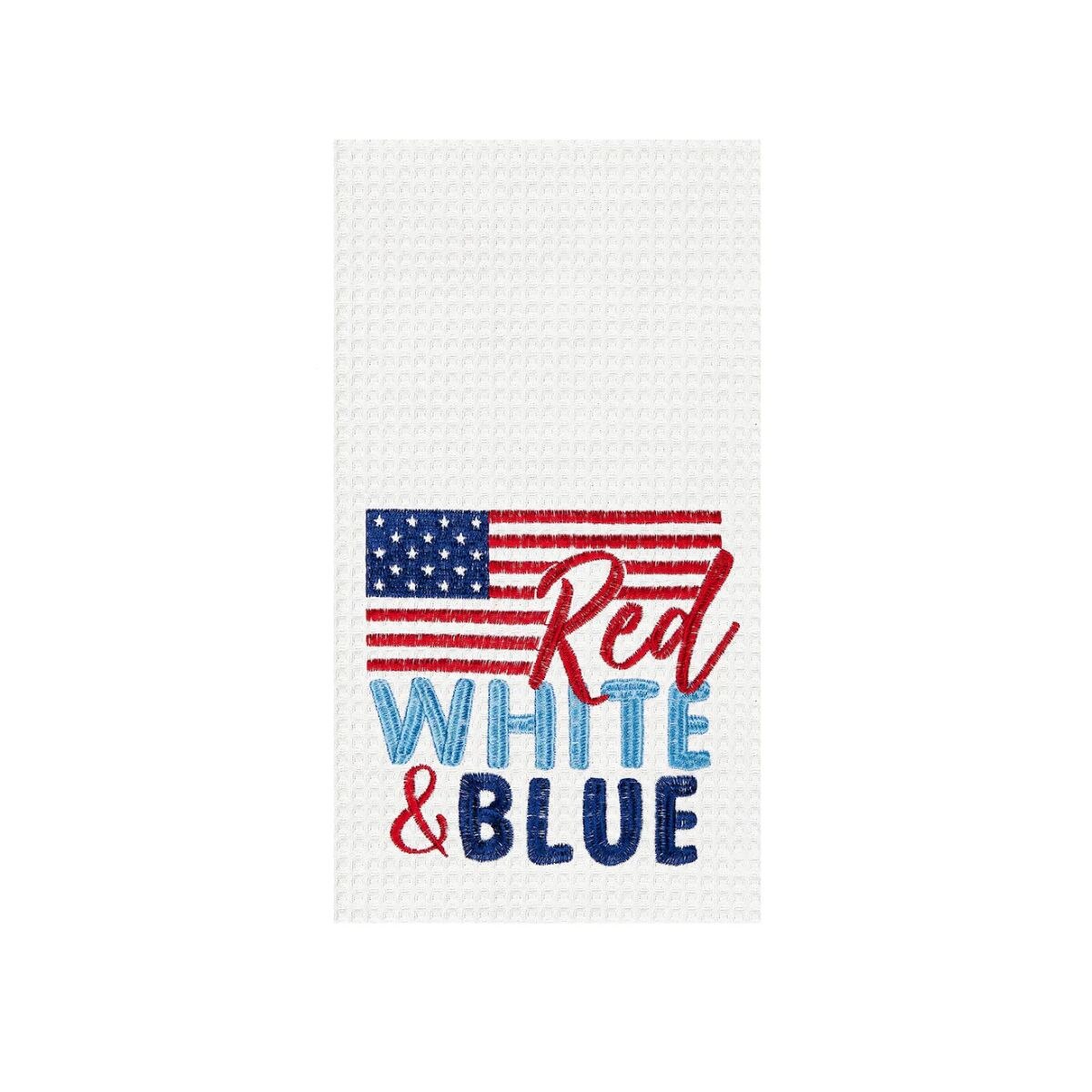 A kitchen towel with a patriotic red, white, and blue design featuring an American flag and the words red, white and blue.