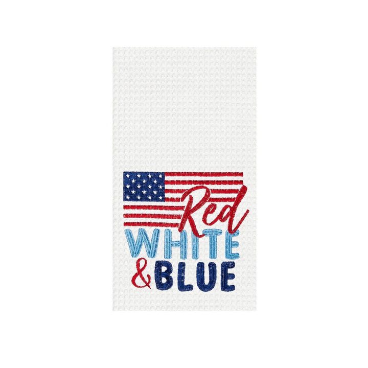 A kitchen towel with a patriotic red, white, and blue design featuring an American flag and the words red, white and blue.