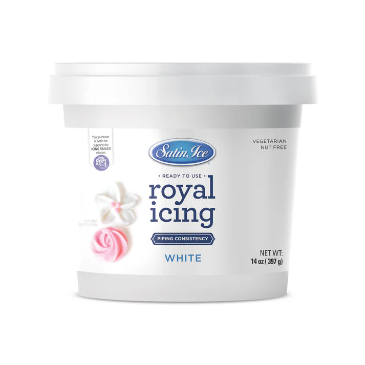 Container of Satin Ice Royal Icing on a white background