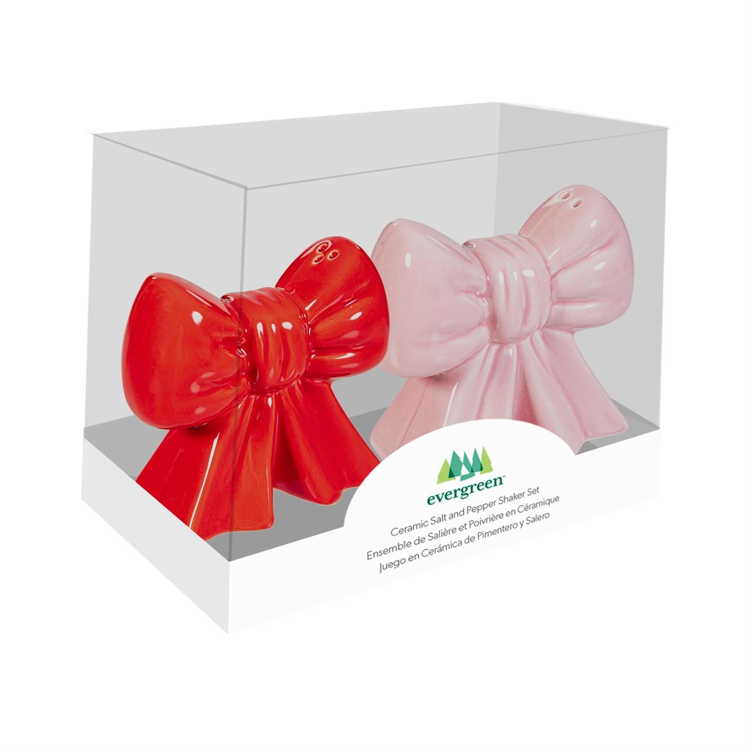 Red and pink bow shaped salt and pepper shakers in a clear box with 'evergreen' branding.