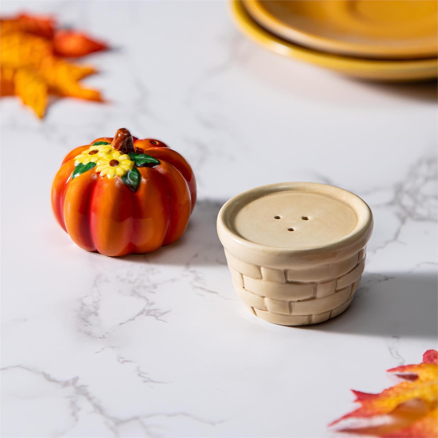 Harvest Blossom Ceramic Pumpkin and Basket Salt & Pepper Shaker Set