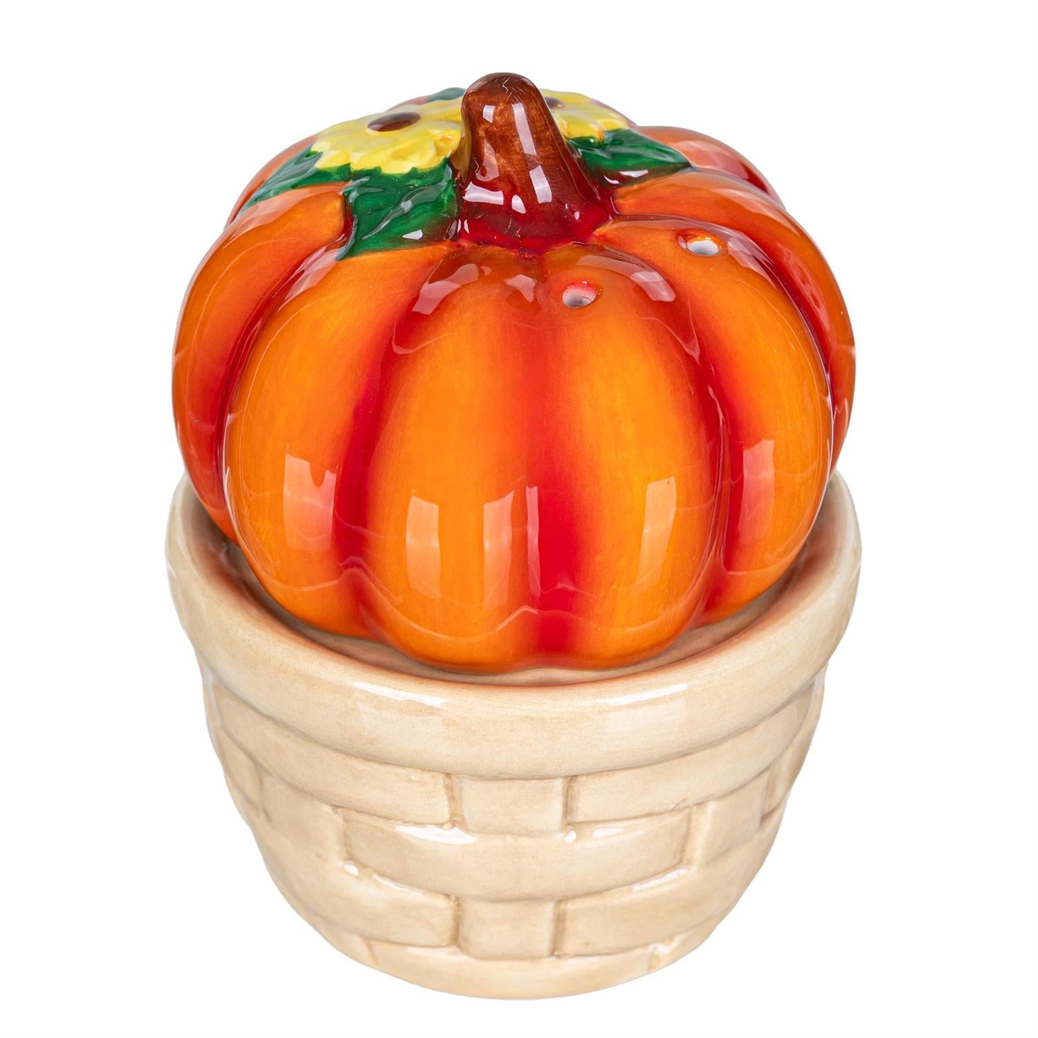 Harvest Blossom Ceramic Pumpkin and Basket Salt & Pepper Shaker Set