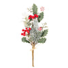 Decorative arrangement with red berries, green leaves, and a candy on a white background
