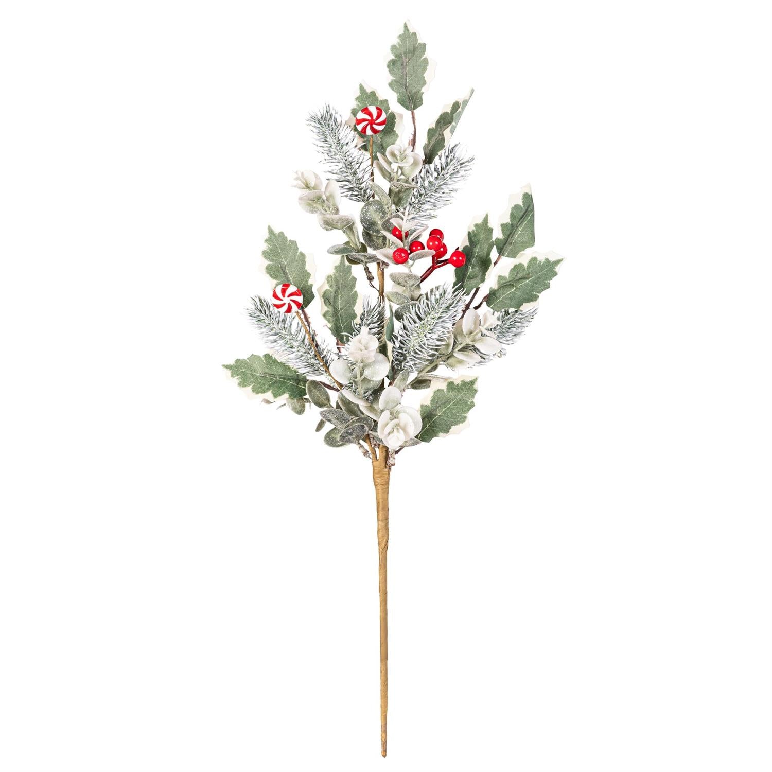 Artificial Christmas arrangement with green leaves, and red berries, on a white background