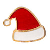 Decorative serving plate shaped like a Santa hat with red top, white base, and wood rim on a white background