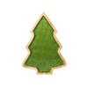 Tree-shaped serving plate with green interior and wooden exterior on a white background