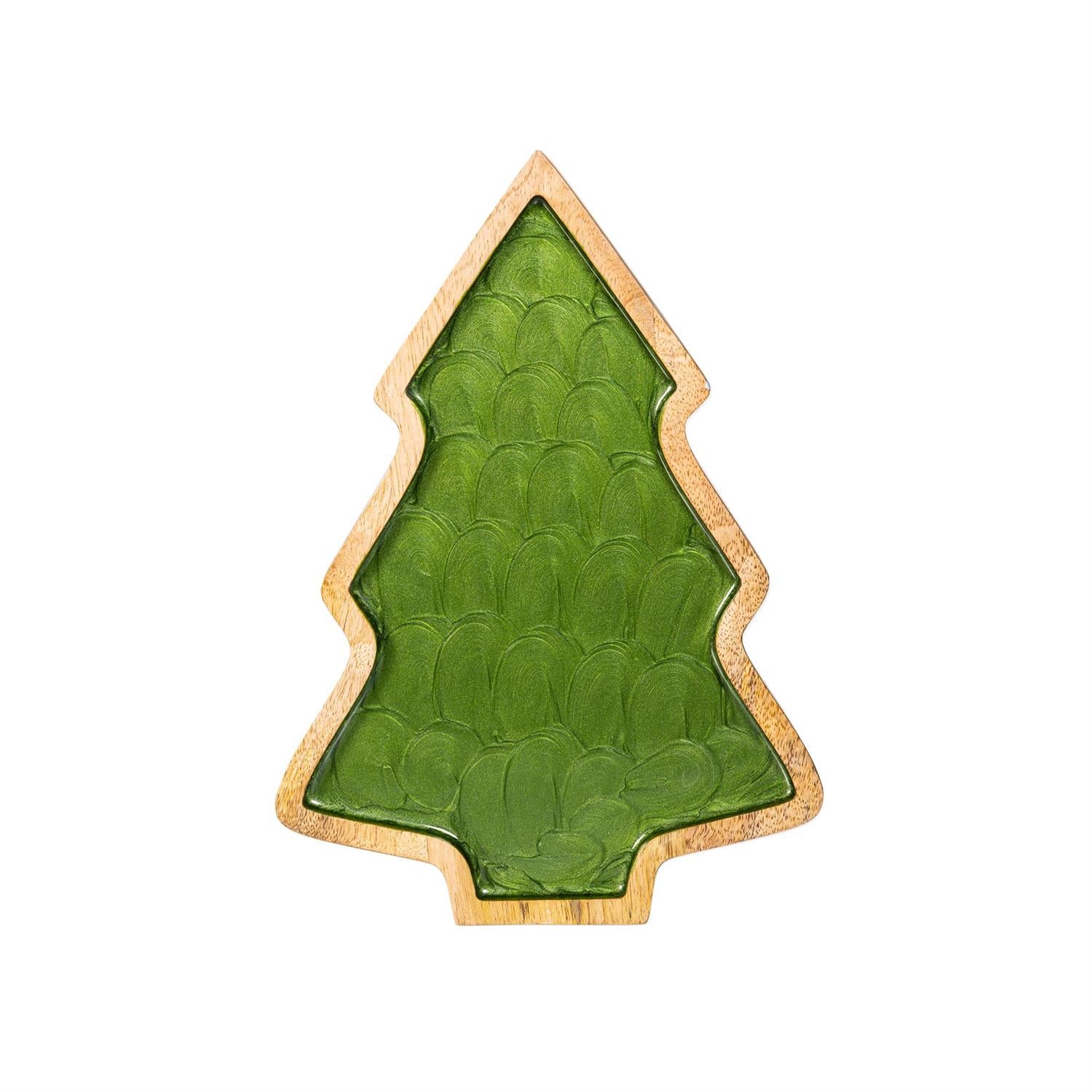 Tree-shaped serving plate with green interior and wooden exterior on a white background