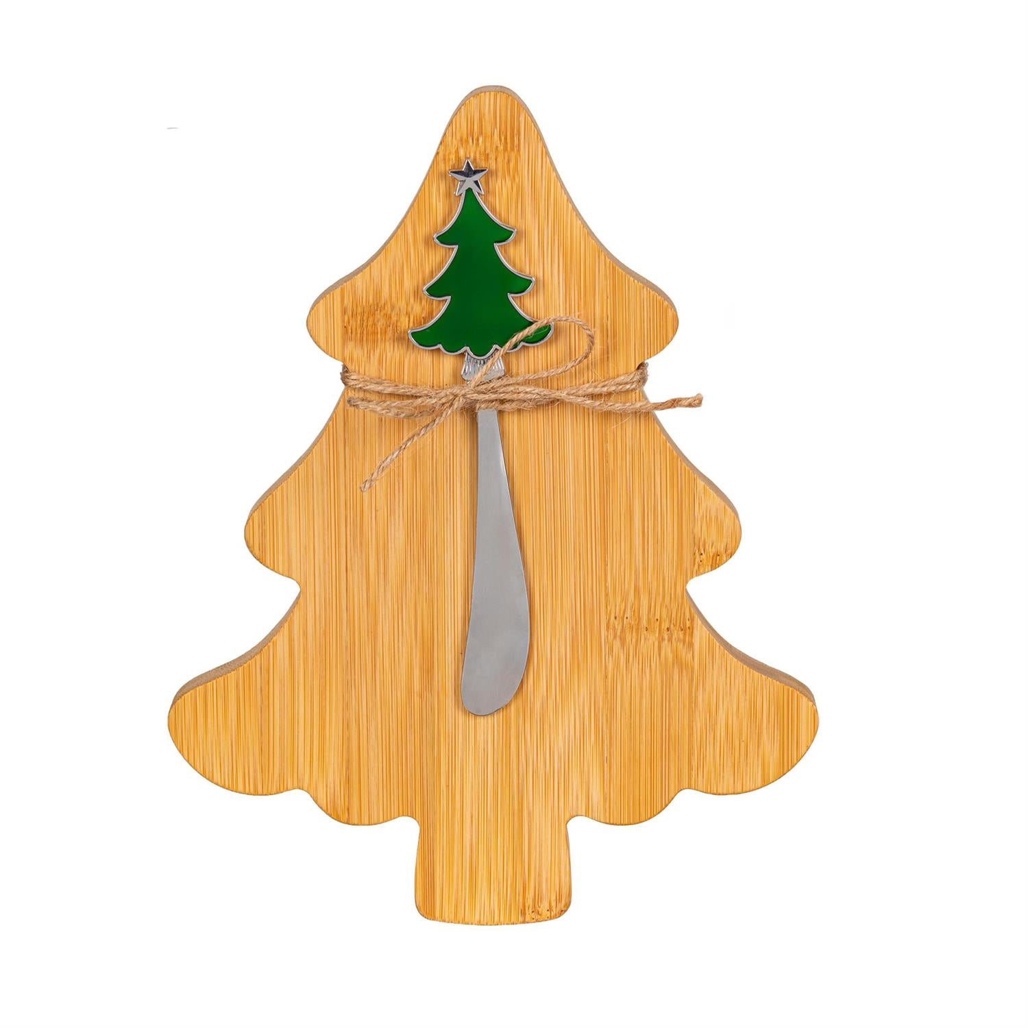 Wooden Christmas tree-shaped cheese board with a knife and decorative elements on a white background