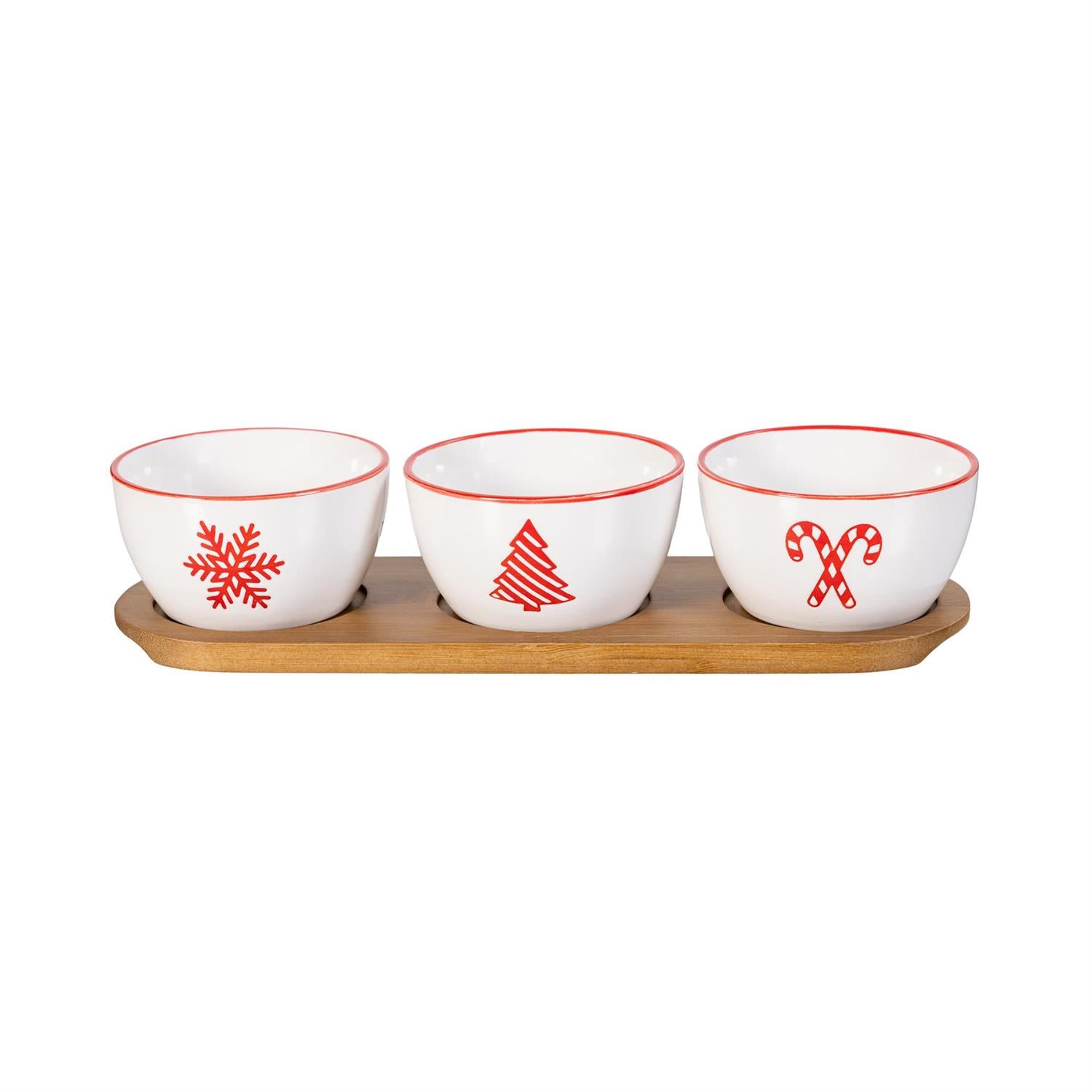 Three white bowls with red rim and Christmas-themed designs on a wooden tray.