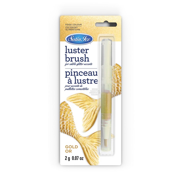 Satin Ice luster brush packaging with gold accents on a white background